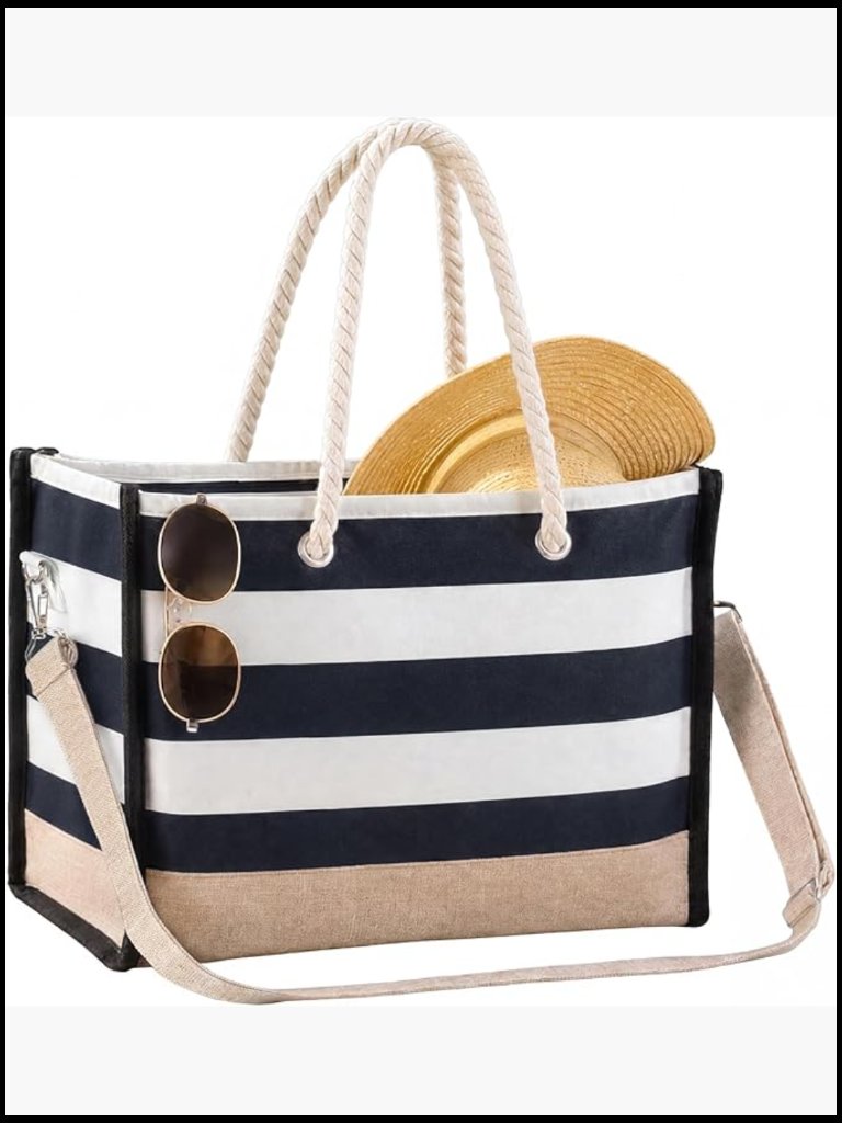 Women's Striped Waterproof Beach Bag Large Canvas Tote Sandproof Crossbody Pool